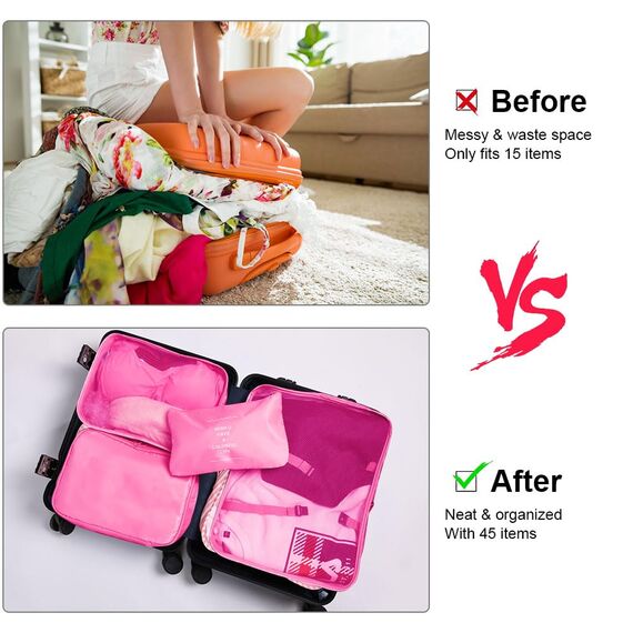OSDUE Koffer Organizer Set 8-teilig, Packing Cubes, Wasserdichte Reise Kleidertaschen, Packtaschen für koffer, Verpackungswürfel mit Kosmetiktasche, Schuhbeutel, USB Kabel Tasche (Rose Rot)