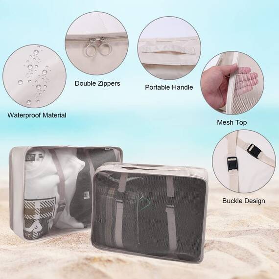 OSDUE Koffer Organizer Set 8-teilig, Packing Cubes, Wasserdichte Reise Kleidertaschen, Packtaschen für koffer, Verpackungswürfel mit Kosmetiktasche, Schuhbeutel, USB Kabel Tasche (Beige)