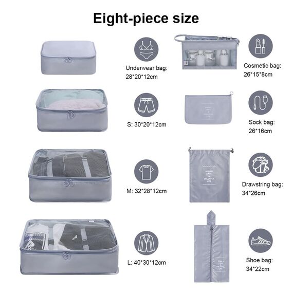 OSDUE Koffer Organizer Set 8-teilig, Packing Cubes, Wasserdichte Reise Kleidertaschen, Packtaschen für koffer, Verpackungswürfel mit Kosmetiktasche, Schuhbeutel, USB Kabel Tasche (Grau)