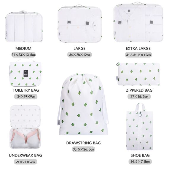8 Teilige Packing Cubes, Kleidertaschen, Koffer Organizer für Urlaub und Reisen, Packwürfel Set Reise Würfel, Ordnungssystem für Koffer - Kaktus