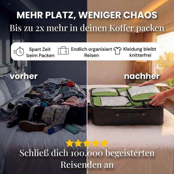 Packtaschen Kompression für Koffer und Rucksack [4-teilig] mit Packbeutel - mehr Platz im Koffer oder Backpack durch Kompression – Kleidertaschen Kompression für deine Wander Ausrüstung (grün)
