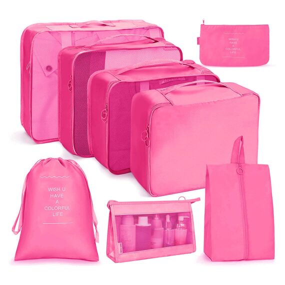 OSDUE Koffer Organizer Set 8-teilig, Packing Cubes, Wasserdichte Reise Kleidertaschen, Packtaschen für koffer, Verpackungswürfel mit Kosmetiktasche, Schuhbeutel, USB Kabel Tasche (Rose Rot)