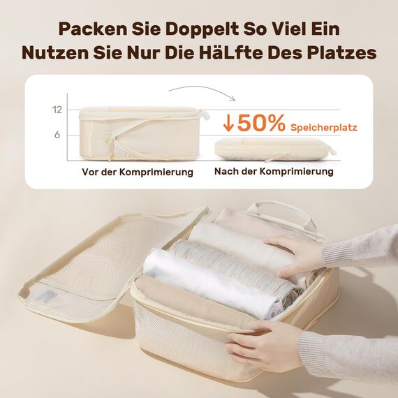 8 Teilige Compression Packing Cubes, Koffer Organizer Kompression PackwüRfel Packtaschen FüR Backpack Rucksack Reisen Organizer Beige