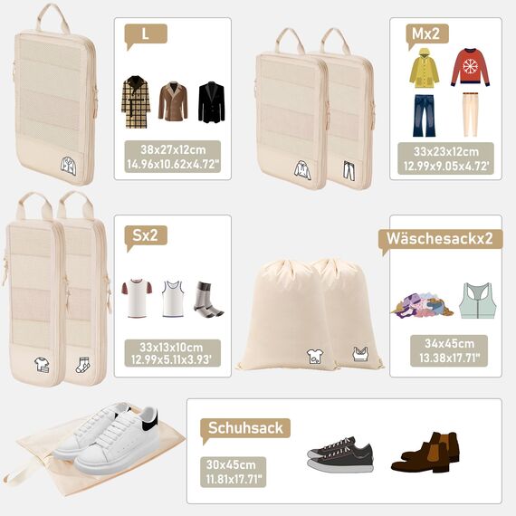 8 Teilige Compression Packing Cubes, Koffer Organizer Kompression PackwüRfel Packtaschen FüR Backpack Rucksack Reisen Organizer Beige
