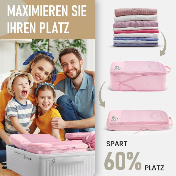 8 Teilige Compression Packing Cubes, Koffer Organizer Kompression PackwüRfel Packtaschen FüR Backpack Rucksack Reisen Organizer Rosa