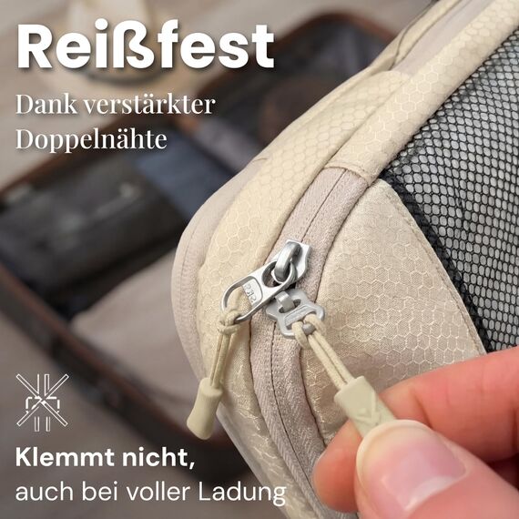 Packtaschen Kompression für Koffer und Rucksack [7-teilig] mit Packbeutel - mehr Platz im Koffer oder Backpack durch Kompression – Packwürfel Kompression für deine Reise Ausrüstung (beige)