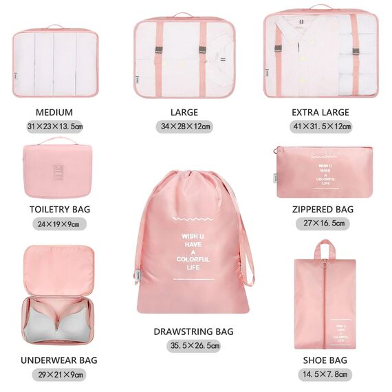 MURISE 8 Teilige Packing Cubes, Kleidertaschen, Koffer Organizer für Urlaub und Reisen, Packwürfel Set Reise Würfel, Ordnungssystem für Koffer - Rosa