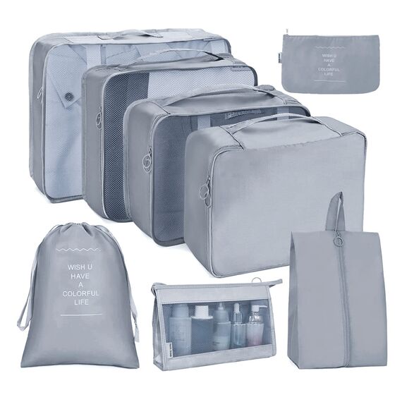 OSDUE Koffer Organizer Set 8-teilig, Packing Cubes, Wasserdichte Reise Kleidertaschen, Packtaschen für koffer, Verpackungswürfel mit Kosmetiktasche, Schuhbeutel, USB Kabel Tasche (Grau)