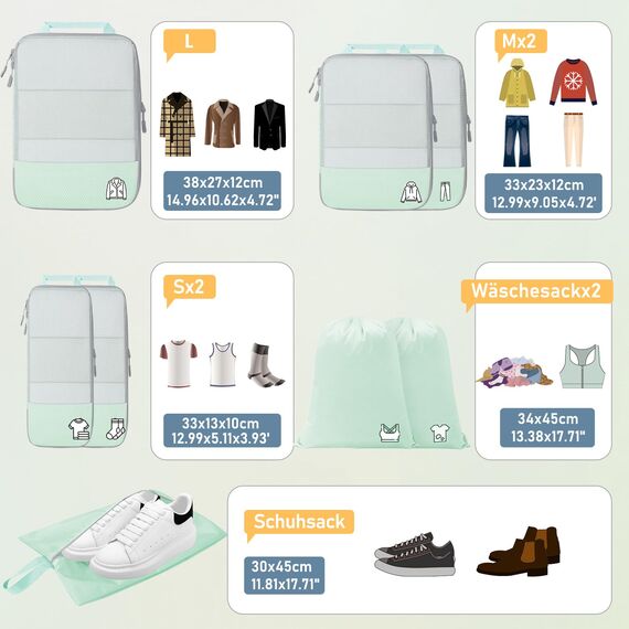 8 Teilige Compression Packing Cubes, Koffer Organizer Kompression PackwüRfel Packtaschen FüR Backpack Rucksack Reisen Organizer Mintgrün