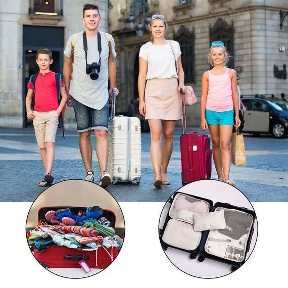 OSDUE Koffer Organizer Set 8-teilig, Packing Cubes, Wasserdichte Reise Kleidertaschen, Packtaschen für koffer, Verpackungswürfel mit Schuhbeutel, USB Kabel Tasche (Cremeweiß)