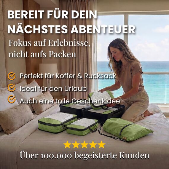 Packwürfel Kompression für Koffer und Rucksack [7-teilig] mit Packbeutel - mehr Platz im Koffer oder Backpack durch Kompression – Packing Cubes Kompression für deine Wander Ausrüstung (grün)