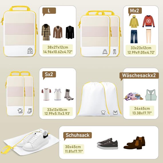 8 Teilige Compression Packing Cubes, Koffer Organizer Kompression PackwüRfel Packtaschen FüR Backpack Rucksack Reisen Organizer Zitronengelb