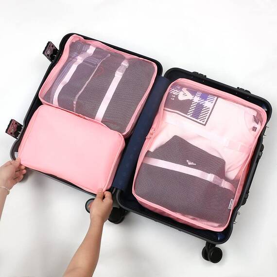 OSDUE Koffer Organizer Set 8-teilig, Packing Cubes, Wasserdichte Reise Kleidertaschen, Packtaschen für koffer, Verpackungswürfel mit Kosmetiktasche, Schuhbeutel, USB Kabel Tasche (Rosa)