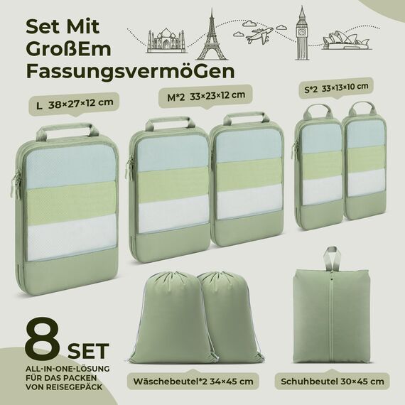8 Teilige Compression Packing Cubes, Koffer Organizer Kompression PackwüRfel Packtaschen FüR Backpack Rucksack Reisen Organizer Matcha Grün