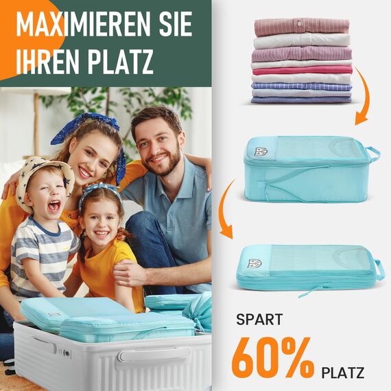8 Teilige Compression Packing Cubes, Koffer Organizer Kompression PackwüRfel Packtaschen FüR Backpack Rucksack Reisen Organizer Hellblau