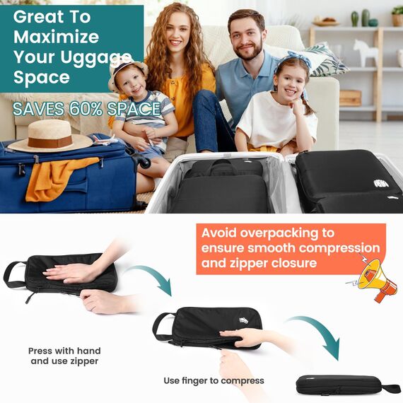 Packing Cubes Compression 8 Stück Koffer Organizer,Wasserdicht PackwüRfel Packtaschen Kompression, Travel essentials FüR HandgepäCk Koffer Und Rucksack Anthrazitschwarz (Packung mit 2)