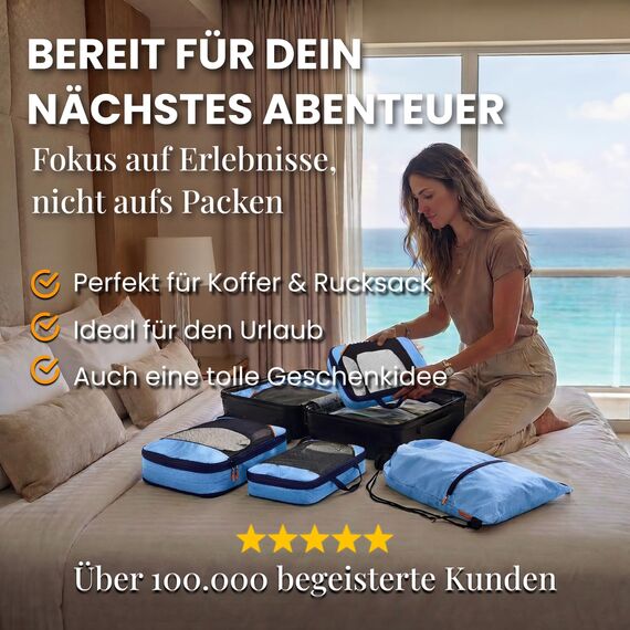 Packtaschen Kompression für Koffer und Rucksack [7-teilig] - mehr Platz im Koffer oder Backpack durch Kompression – Packwürfel Kompression (blau)