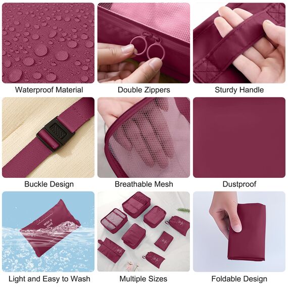 Koffer Organizer Set, 10 Stück Packing Cubes for Suitcase Travel Accessories Kofferorganizer Set Kleidertaschen Packwürfel Kosmetik Travel Organizer Packtaschen für Koffer-Burgunderrot