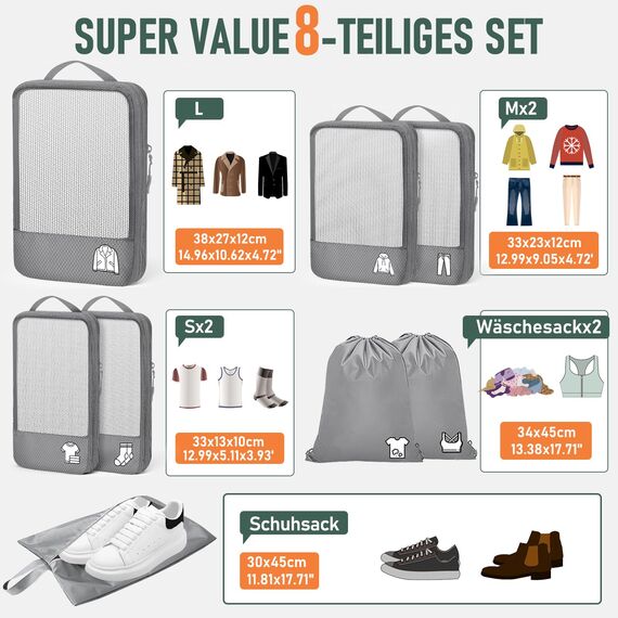 8 Teilige Compression Packing Cubes, Koffer Organizer Kompression PackwüRfel Packtaschen FüR Backpack Rucksack Reisen Organizer Grau