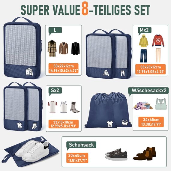8 Teilige Compression Packing Cubes, Koffer Organizer Kompression PackwüRfel Packtaschen FüR Backpack Rucksack Reisen Organizer Blau