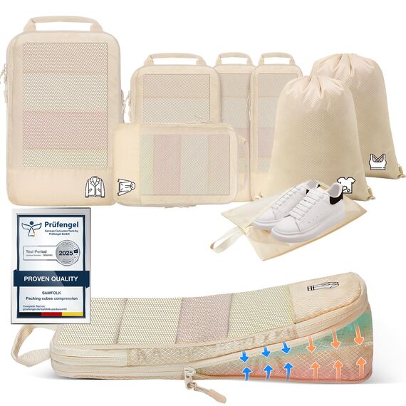 8 Teilige Compression Packing Cubes, Koffer Organizer Kompression PackwüRfel Packtaschen FüR Backpack Rucksack Reisen Organizer Beige