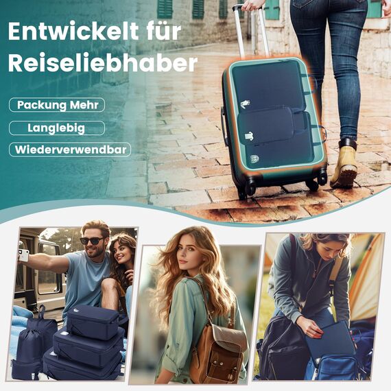 Packing Cubes Compression 8 Stück Koffer Organizer,Wasserdicht PackwüRfel Packtaschen Kompression, Travel essentials FüR HandgepäCk Koffer Und Rucksack Blau