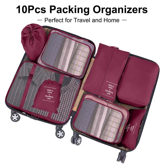 Koffer Organizer Set, 10 Stück Packing Cubes for Suitcase Travel Accessories Kofferorganizer Set Kleidertaschen Packwürfel Kosmetik Travel Organizer Packtaschen für Koffer-Burgunderrot