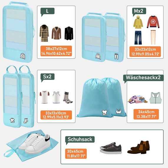 8 Teilige Compression Packing Cubes, Koffer Organizer Kompression PackwüRfel Packtaschen FüR Backpack Rucksack Reisen Organizer Hellblau
