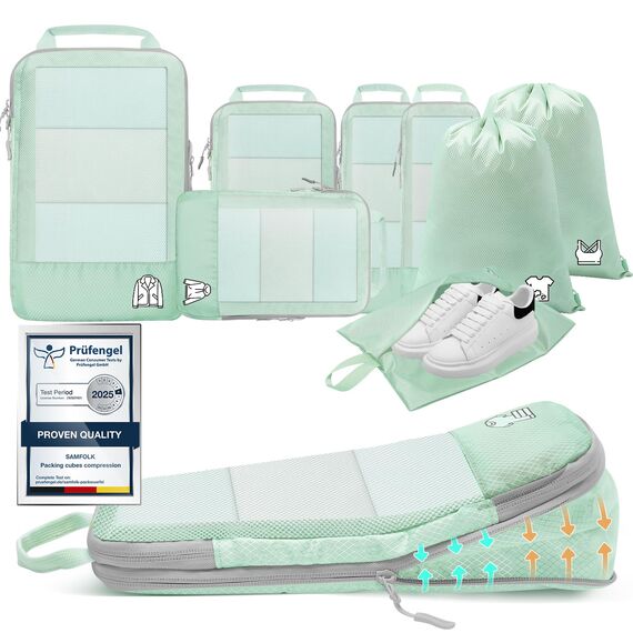 8 Teilige Compression Packing Cubes, Koffer Organizer Kompression PackwüRfel Packtaschen FüR Backpack Rucksack Reisen Organizer Mintgrün