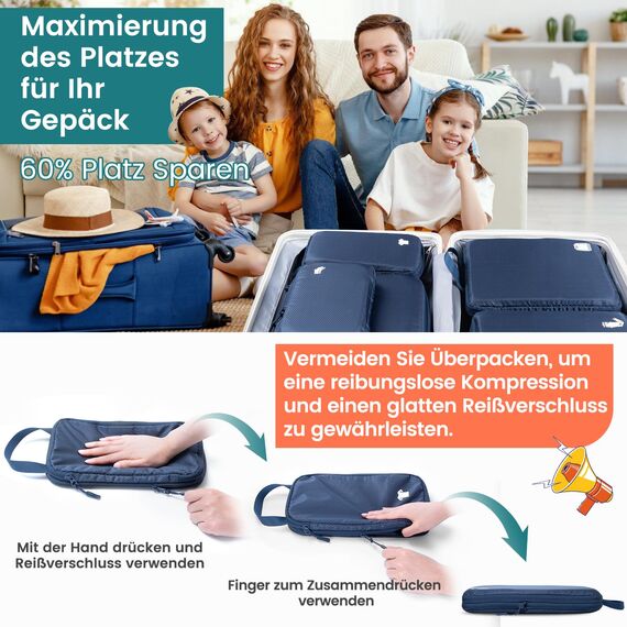 Packing Cubes Compression 8 Stück Koffer Organizer,Wasserdicht PackwüRfel Packtaschen Kompression, Travel essentials FüR HandgepäCk Koffer Und Rucksack Blau