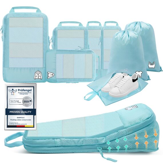8 Teilige Compression Packing Cubes, Koffer Organizer Kompression PackwüRfel Packtaschen FüR Backpack Rucksack Reisen Organizer Hellblau