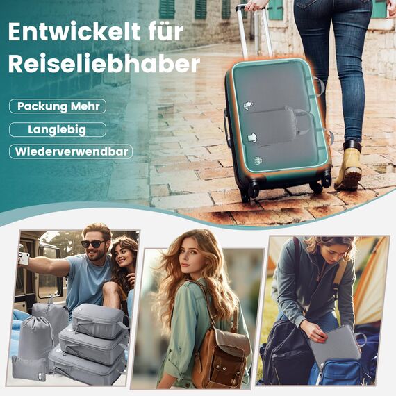 Packing Cubes Compression 8 Stück Koffer Organizer,Wasserdicht PackwüRfel Packtaschen Kompression, Travel essentials FüR HandgepäCk Koffer Und Rucksack Grau