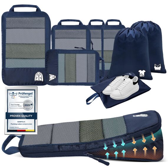 8 Teilige Compression Packing Cubes, Koffer Organizer Kompression PackwüRfel Packtaschen FüR Backpack Rucksack Reisen Organizer Blau