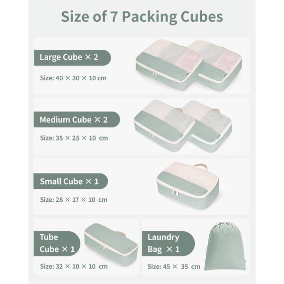 Narwey 7 Teilige Koffer Organizer Set, Packing Cubes Backpack Reise Packwürfel Rucksack Organizer Set Packtaschen für Koffer, Kofferorganizer Reiseorganizer Travel Essentials Bag (Mintgrün)