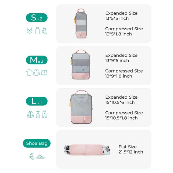 BAGSMART Kleidertaschen Set 6 Teilig packtaschen Kompression Packwürfel Set mit Wäschesack für Rucksack,reise organizer,Koffer Organizer auf Travel