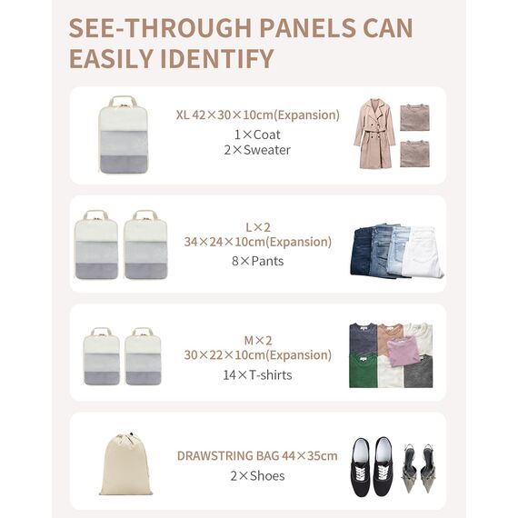 ECOHUB 6 Teilige Koffer Organizer Kompression Set, Netzgewebe Ultraleichte Packtaschen für Rucksack, Recycelt Packwürfel Kompression für Handgepäck, Packing Cubes Reise, Patent Angemeldet(Beige)