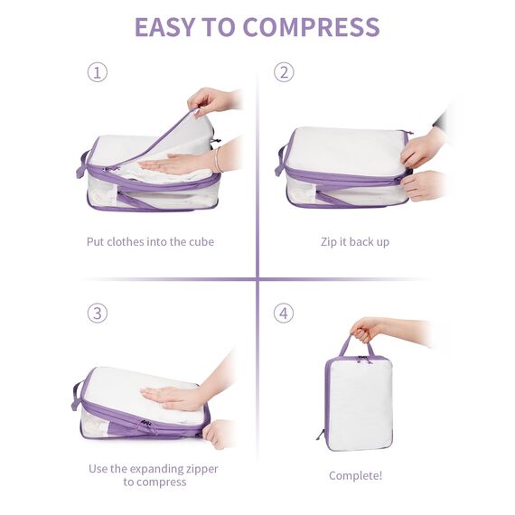 ECOHUB 6 Teilige Koffer Organizer Kompression Set, Netzgewebe Ultraleichte Packtaschen für Rucksack, Recycelt Packwürfel Kompression für Handgepäck, Packing Cubes Reise, Patent Angemeldet(Lila)