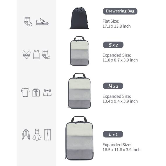 ECOHUB 6 Teilige Koffer Organizer Kompression Set, Netzgewebe Ultraleichte Packtaschen für Rucksack, Recycelt Packwürfel Kompression für Handgepäck, Packing Cubes Reise, Patent Angemeldet(Grau)