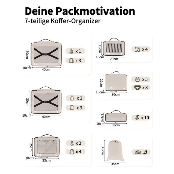 ECOHUB 7 Teilig Koffer Organizer Set, Packing Cubes mit Reißverschluss, Recyceltes PET Packwürfel Set, Packtaschen für Koffer, Organizer Koffer für Urlaub und Reisen, Reise Organizer Set (Beige)