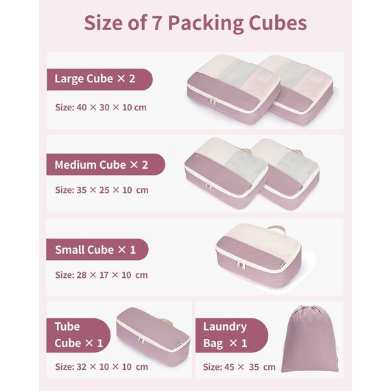 Narwey 7 Teilige Koffer Organizer Set, Packing Cubes Backpack Reise Packwürfel Rucksack Organizer Set Packtaschen für Koffer, Kofferorganizer Reiseorganizer Travel Essentials Bag (Altrosa)
