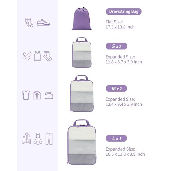 ECOHUB 6 Teilige Koffer Organizer Kompression Set, Netzgewebe Ultraleichte Packtaschen für Rucksack, Recycelt Packwürfel Kompression für Handgepäck, Packing Cubes Reise, Patent Angemeldet(Lila)