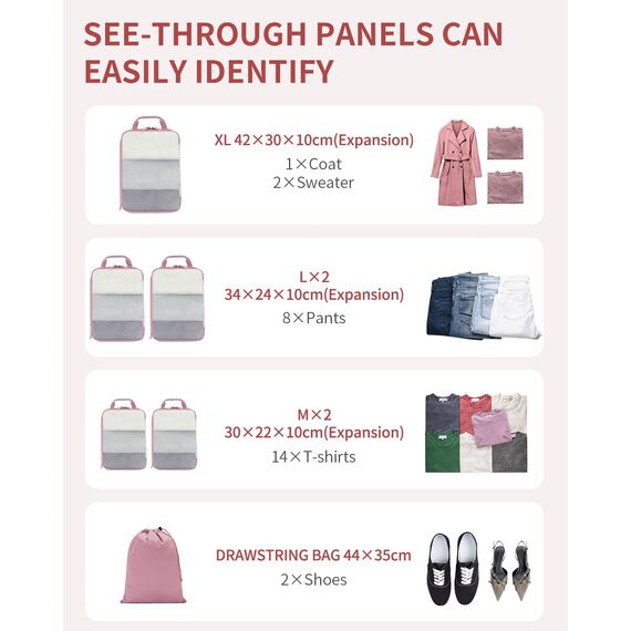 ECOHUB 6 Teilige Koffer Organizer Kompression Set, Netzgewebe Ultraleichte Packtaschen für Rucksack, Recycelt Packwürfel Kompression für Handgepäck, Packing Cubes Reise, Patent Angemeldet(Rosa)