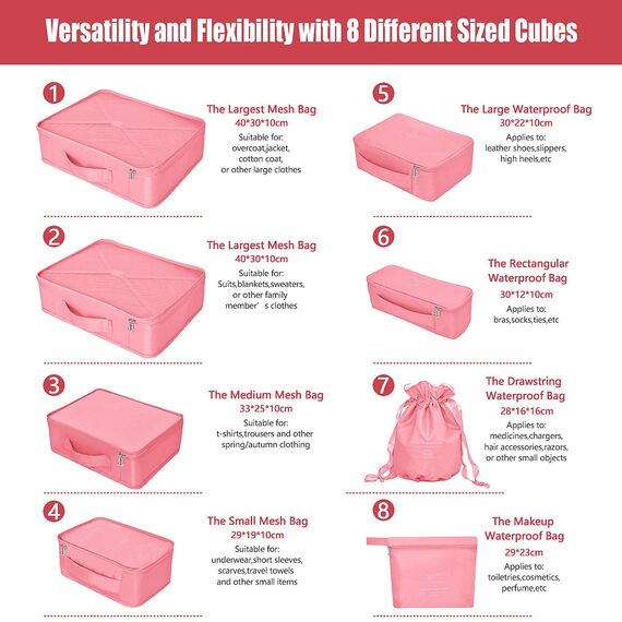 Koffer Organizer Reise Kleidertaschen 8 Sets/7 Farben Travel Gep?ck Organisatoren enthalten wasserdichte Schuh-Aufbewahrungsbeutel Bequeme Kompressions Beutel für Reisen ,Peach Pink
