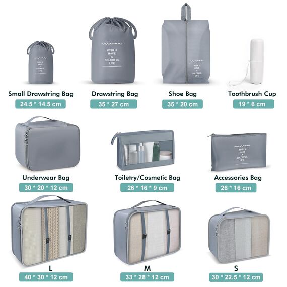 OBSGUMU Packwürfel für Koffer, 10 Stück Kompressions-Organizer-Taschen für Rucksack, Gepäck-Organizer, wasserdichte Reise-Essentials Kleidung Schuhe Aufbewahrungstasche (grau)