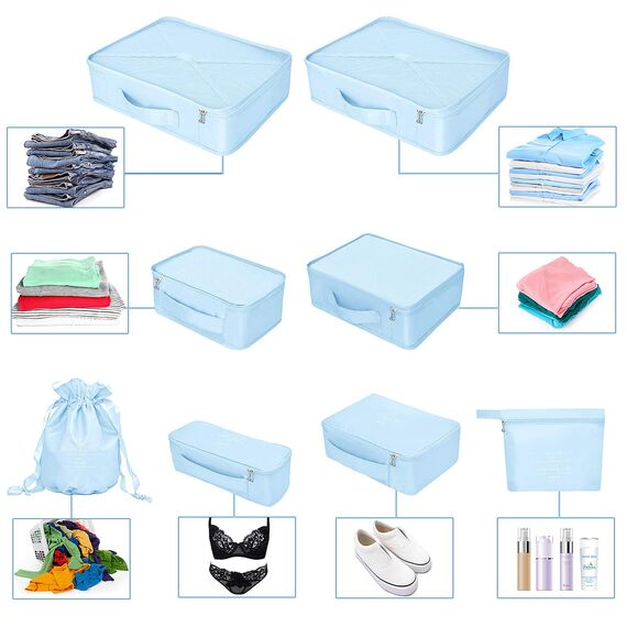 Koffer Organizer Reise Kleidertaschen 8 Sets/7 Farben Travel Gep?ck Organisatoren enthalten wasserdichte Schuh-Aufbewahrungsbeutel Bequeme Kompressions Beutel für Reisen ,Hellblau