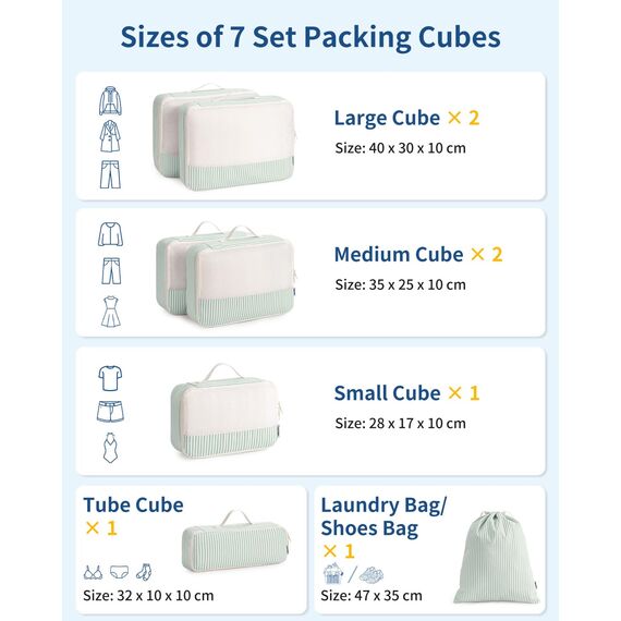 Narwey 7 Teilige Koffer Organizer Set, Packing Cubes Backpack Rucksack Organizer Set Kofferorganizer Reise Packwürfel Packtaschen für Koffer Reiseorganizer Travel Essentials (Hellgrüne Streifen)