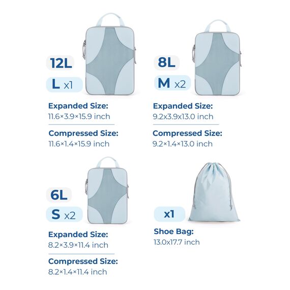 BAGSMART Packing Cubes Compression 6 Stück, Rucksack Koffer Organizer Packtaschen, Reise Kompressionsbeutel Wasserdicht Packwürfel Kompression, Travel Essentials Kofferorganizer