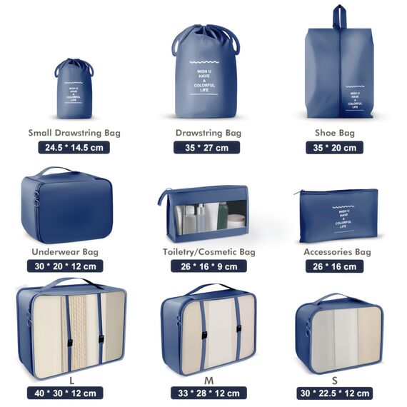 OBSGUMU Koffer Organizer Set, 9 Pcs Packing Cubes für Reise, Packtaschen für Koffer Reise Kleidertaschen, Verpackungswürfel Mit Kosmetiktasche, Travel Organizer(Marineblau)