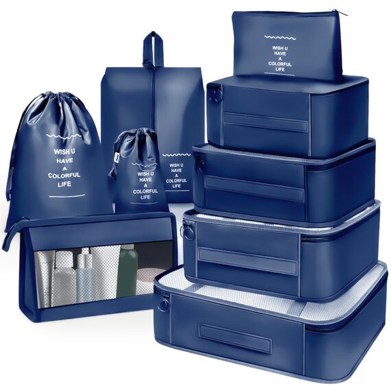 OBSGUMU Koffer Organizer Set, 9 Pcs Packing Cubes für Reise, Packtaschen für Koffer Reise Kleidertaschen, Verpackungswürfel Mit Kosmetiktasche, Travel Organizer(Marineblau)