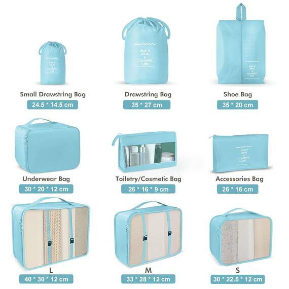 OBSGUMU Koffer Organizer Set, 9 Pcs Packing Cubes für Reisen, Packtaschen für Koffer Reise Kleidertaschen, Verpackungswürfel Mit Kosmetiktasche, Packwürfel for Reiseutensilien(Blau)